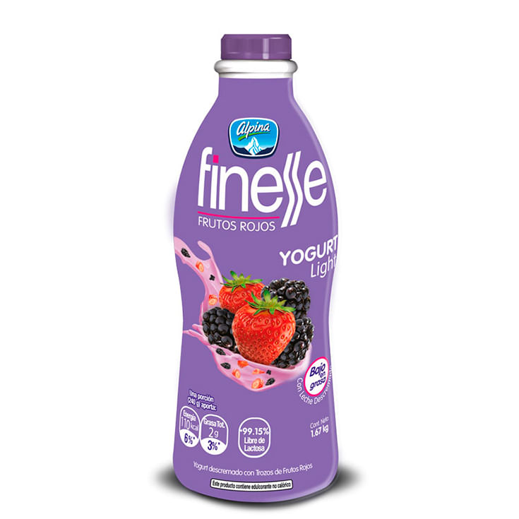 Finesse Yogurt Deslactosado Botella Trozos Frutose Rojos 1670 Gr