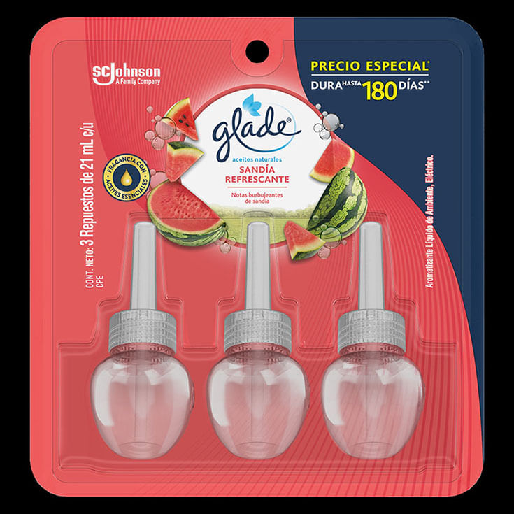 Aromatizante Glade Repuesto Aceite X 3 Un Sandia Refrescante 21 Ml C/U.