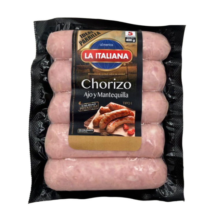 Chorizo De Cerdo Con Ajo Y Mantequilla Emp Vc La Italiana 400 G Caja 5 Unidades